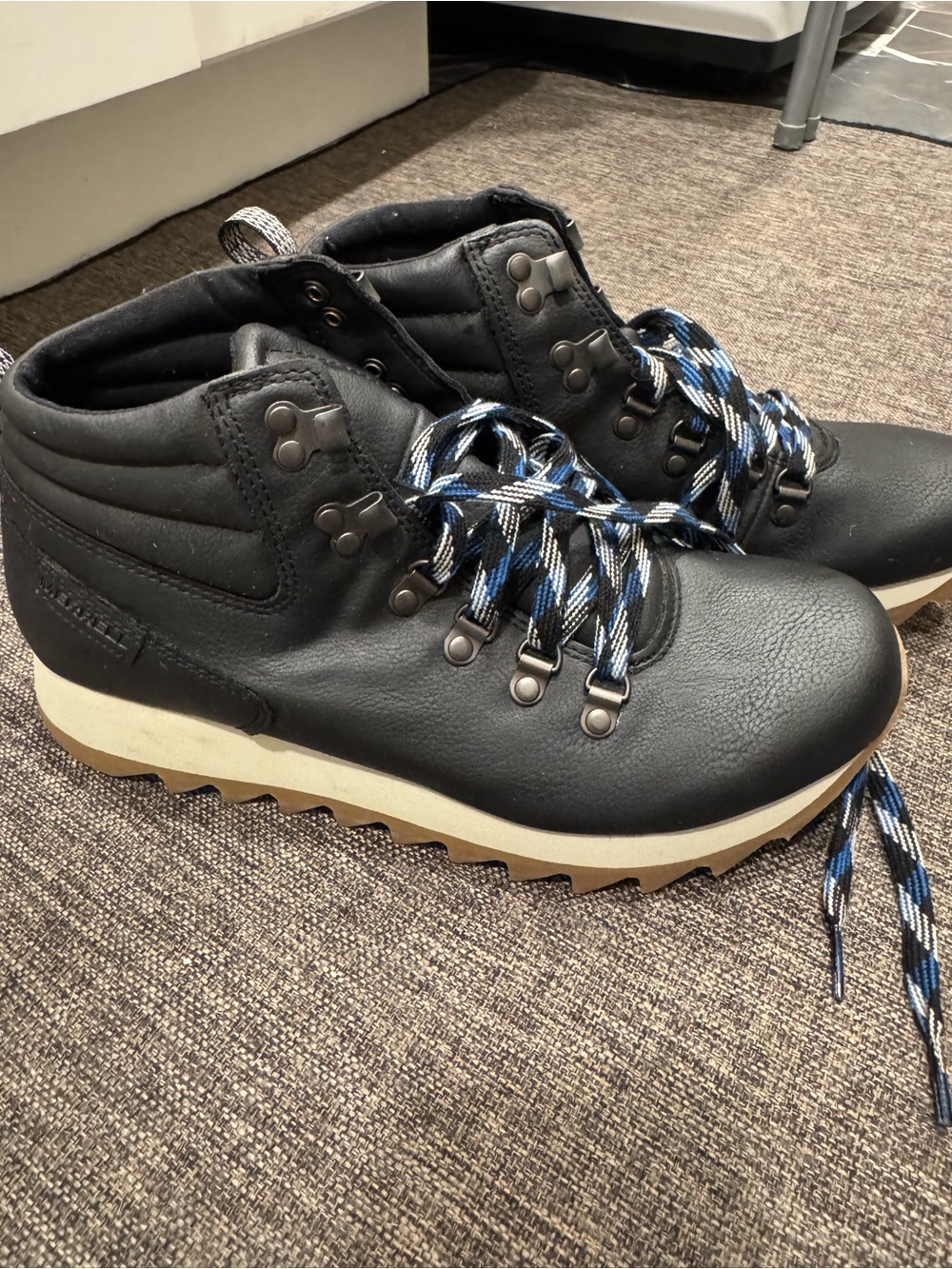 Merrell Black Leather Lace-Up Hiking Boots with Blue & White Laces